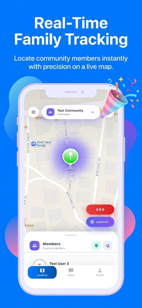 Famora on iPhone showing a live family map with community picker and member list