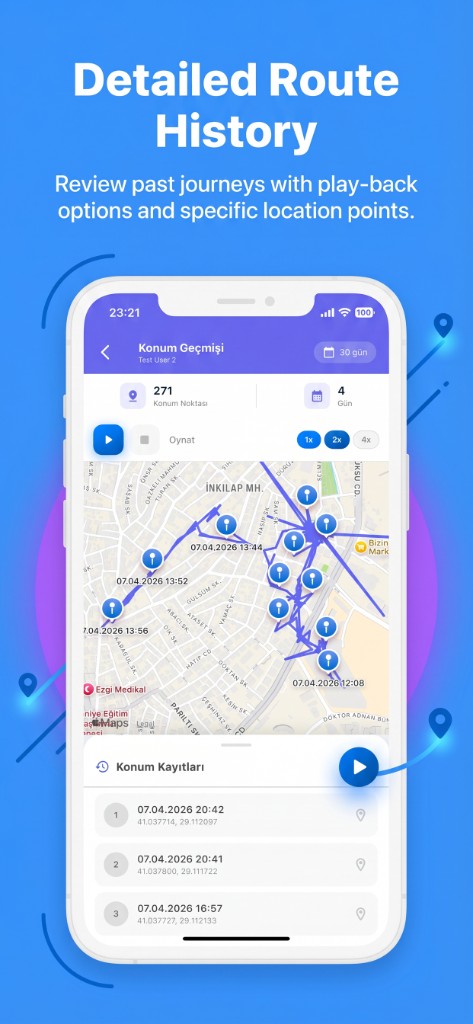 Famora location history with playback scrubber at 1x 2x 4x speeds and chronological log sheet